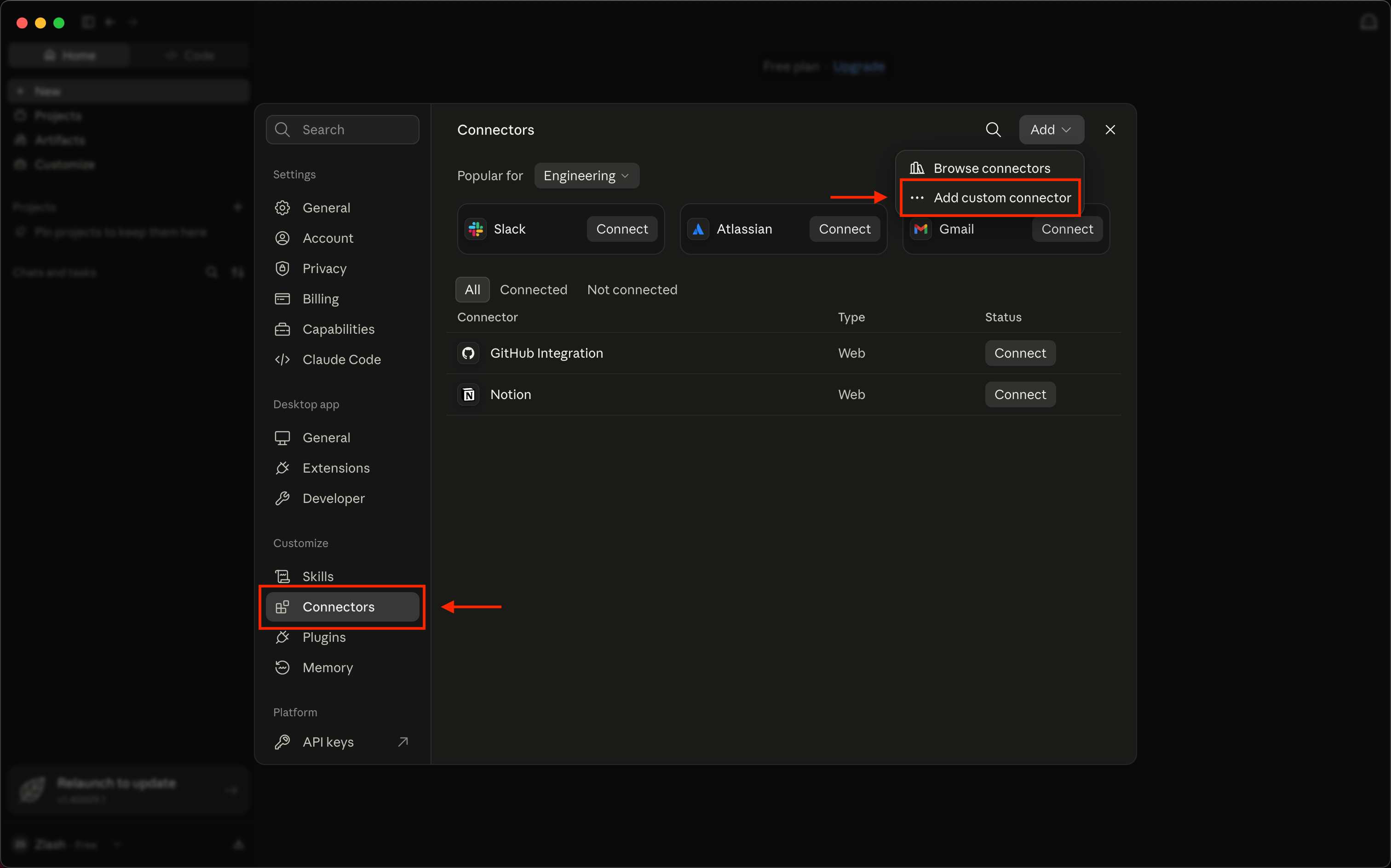 Claude Settings with Connectors selected and Add custom connector highlighted