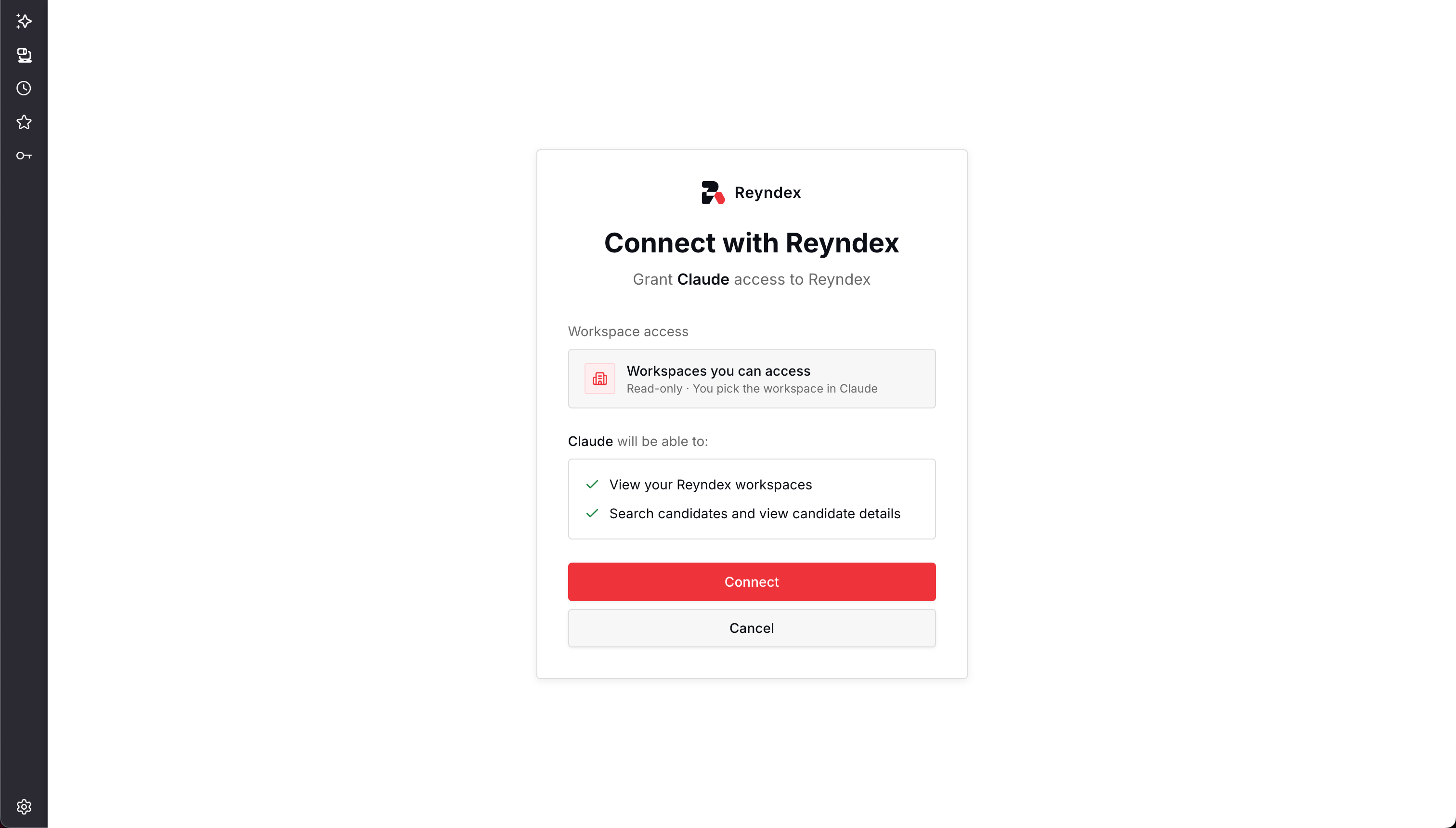 Reyndex consent screen showing read-only Claude workspace and candidate permissions with Connect highlighted