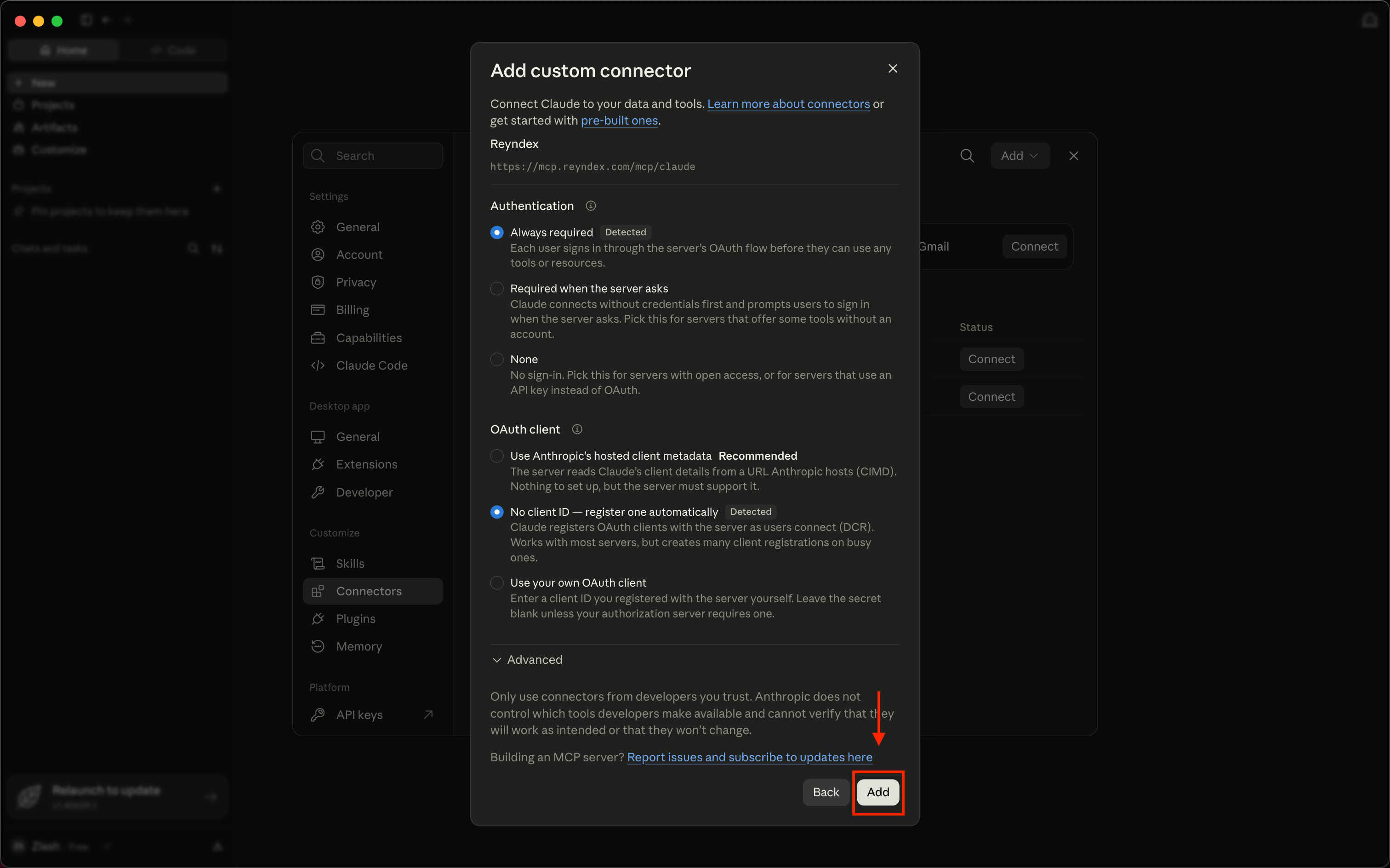 Claude connector authentication settings showing Always required and automatic client registration with the Add button highlighted