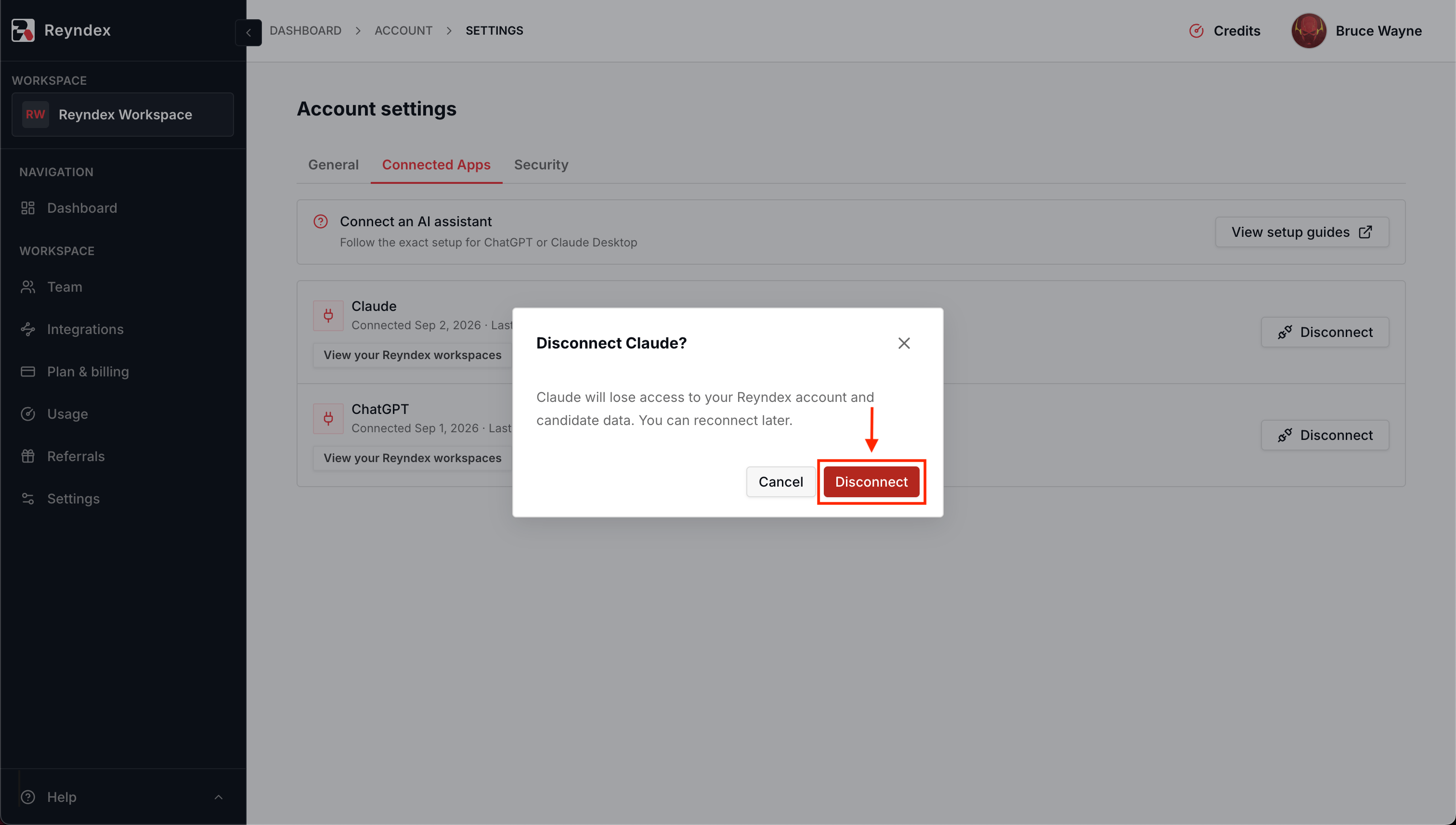 Disconnect Claude confirmation dialog with Disconnect highlighted