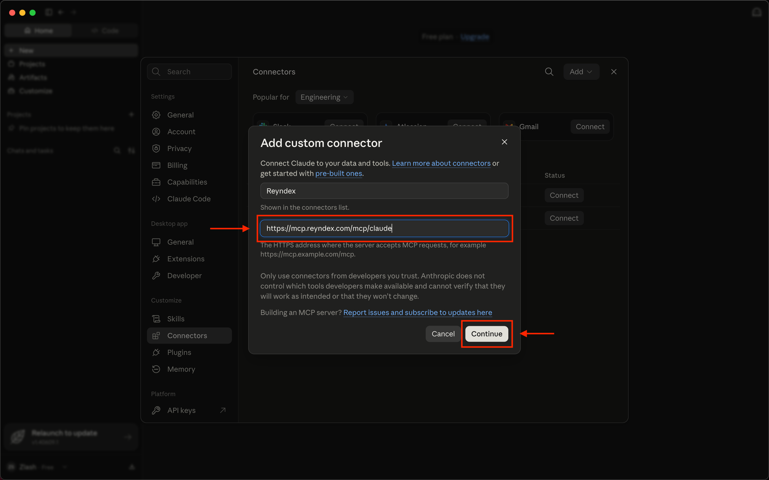 Claude Add custom connector dialog with the Reyndex endpoint and Continue button highlighted