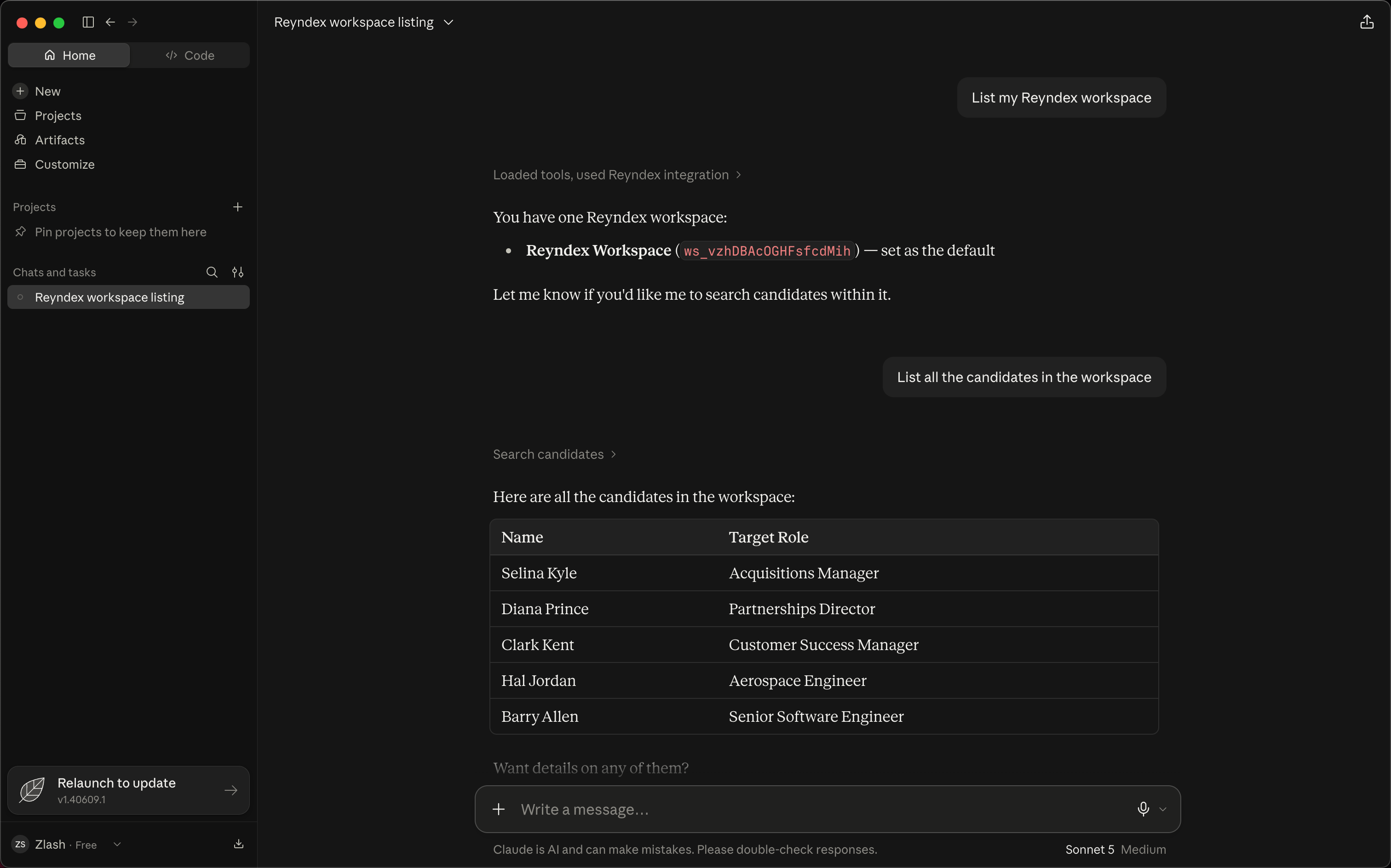Claude conversation showing Reyndex listing a workspace and returning five candidate records