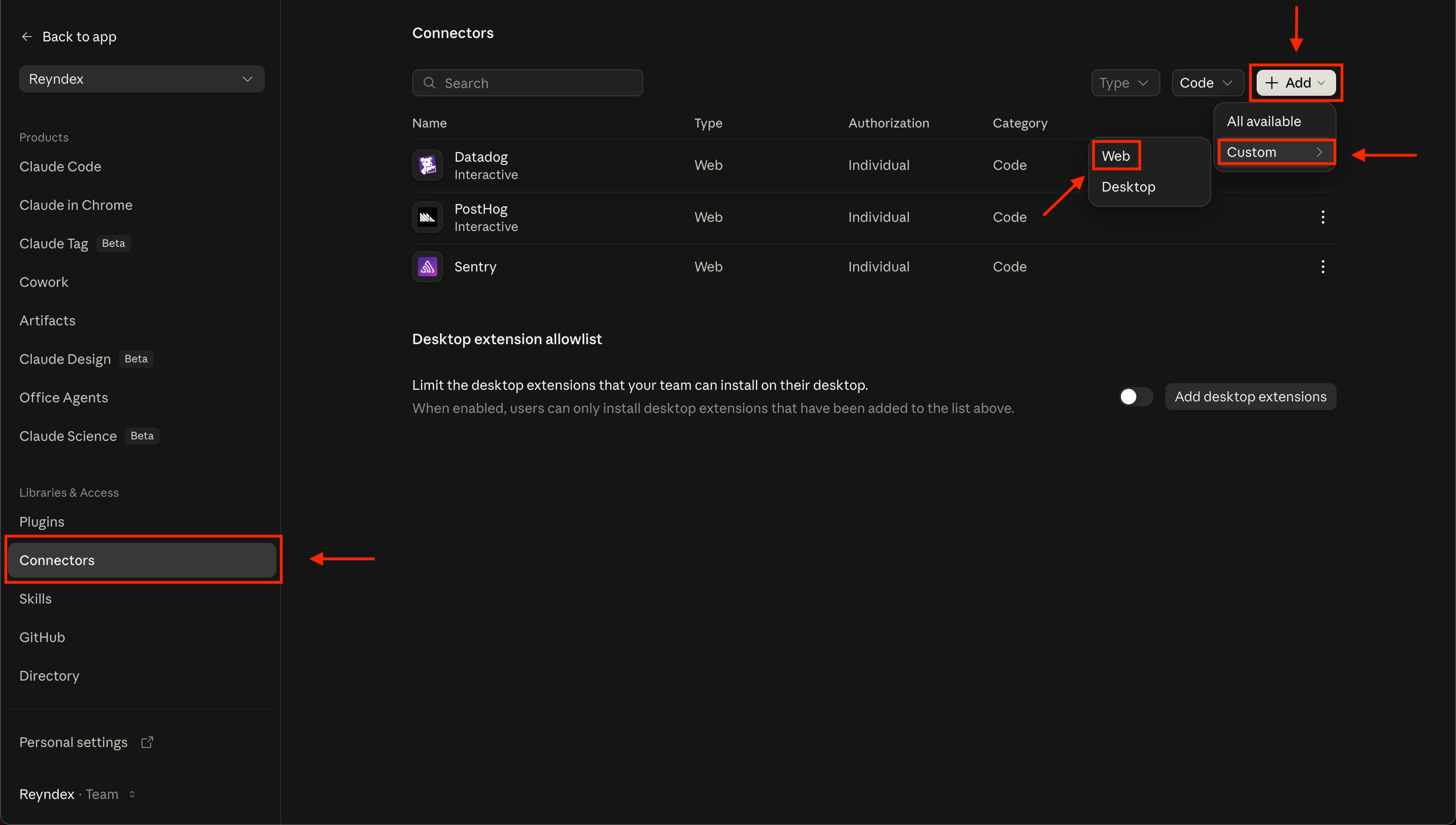 Claude organization Connectors page with Add, Custom, and Web highlighted