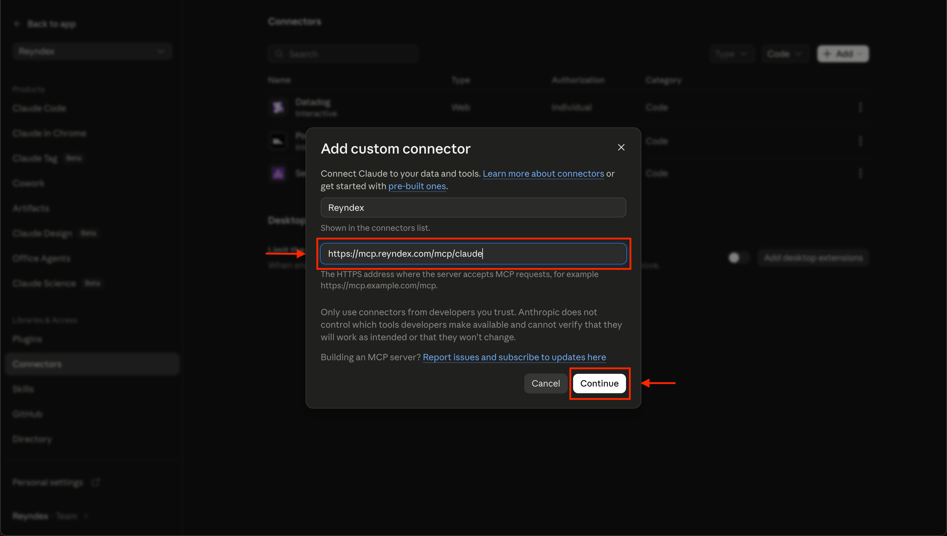 Add custom connector dialog with the Reyndex connection URL entered and Continue highlighted