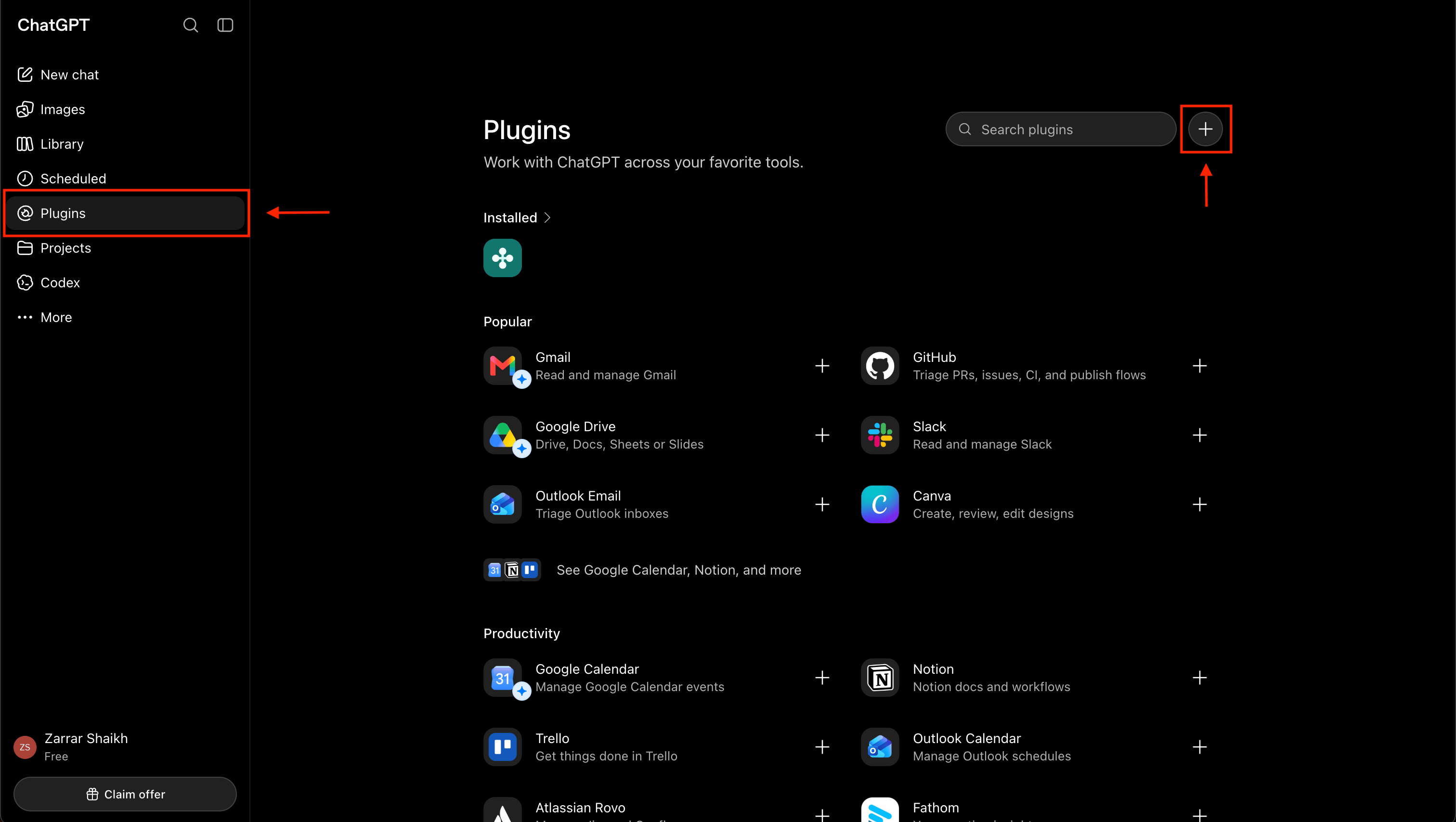 ChatGPT Plugins page with the add button highlighted