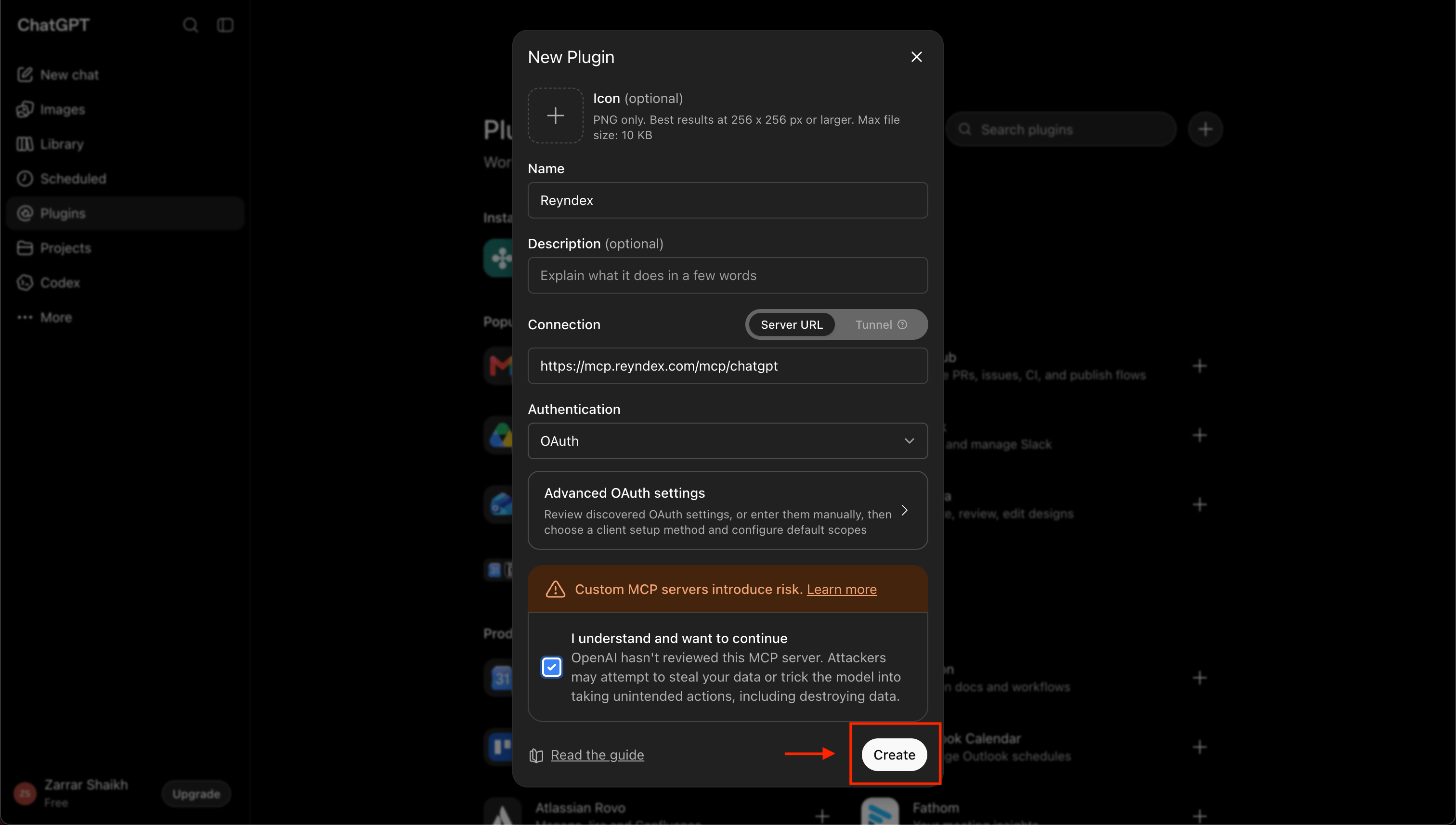 ChatGPT New Plugin dialog configured with the Reyndex name, server URL, OAuth authentication, acknowledgement, and Create button highlighted