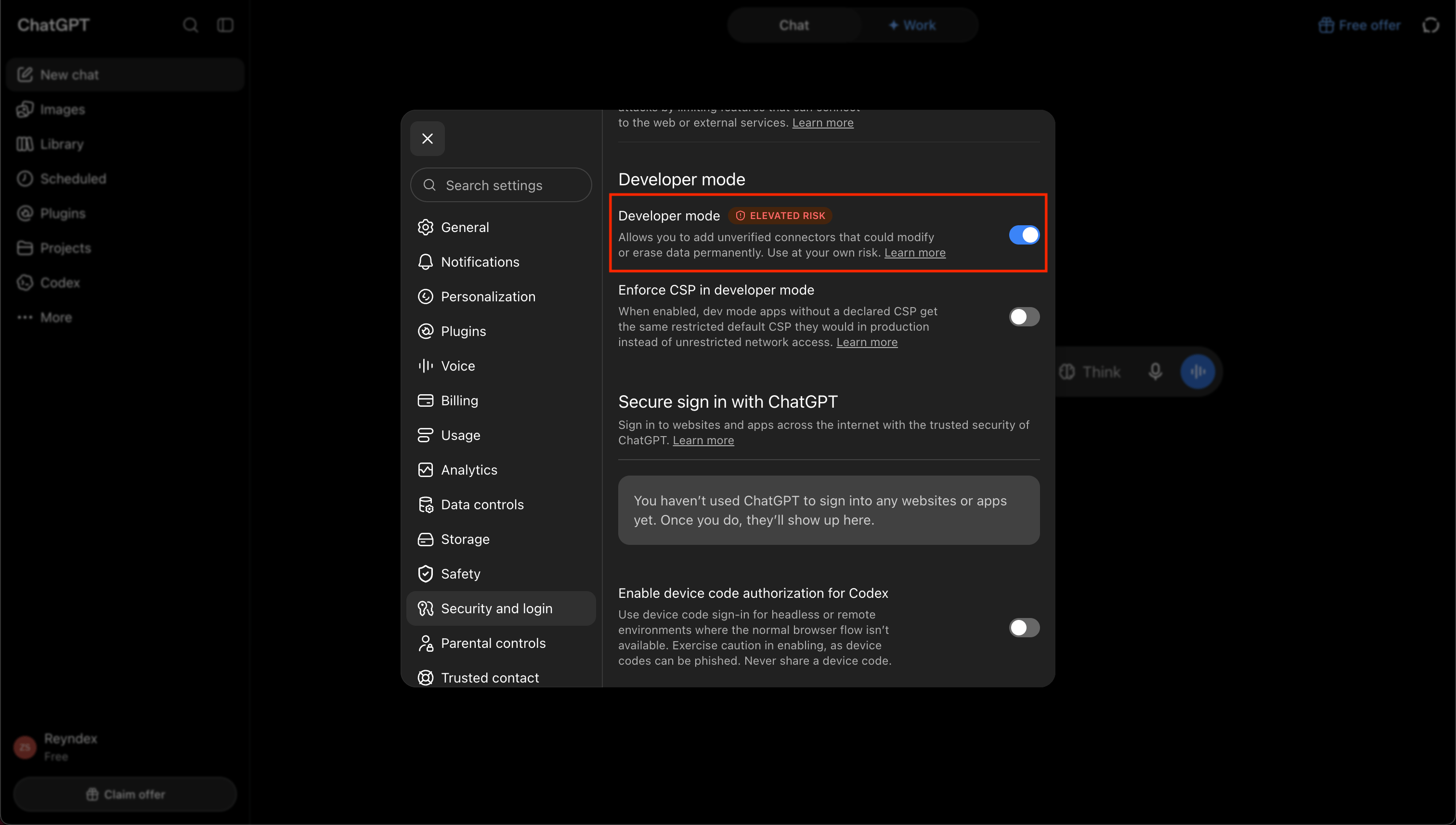 ChatGPT Developer mode settings with the Developer mode toggle highlighted and enabled