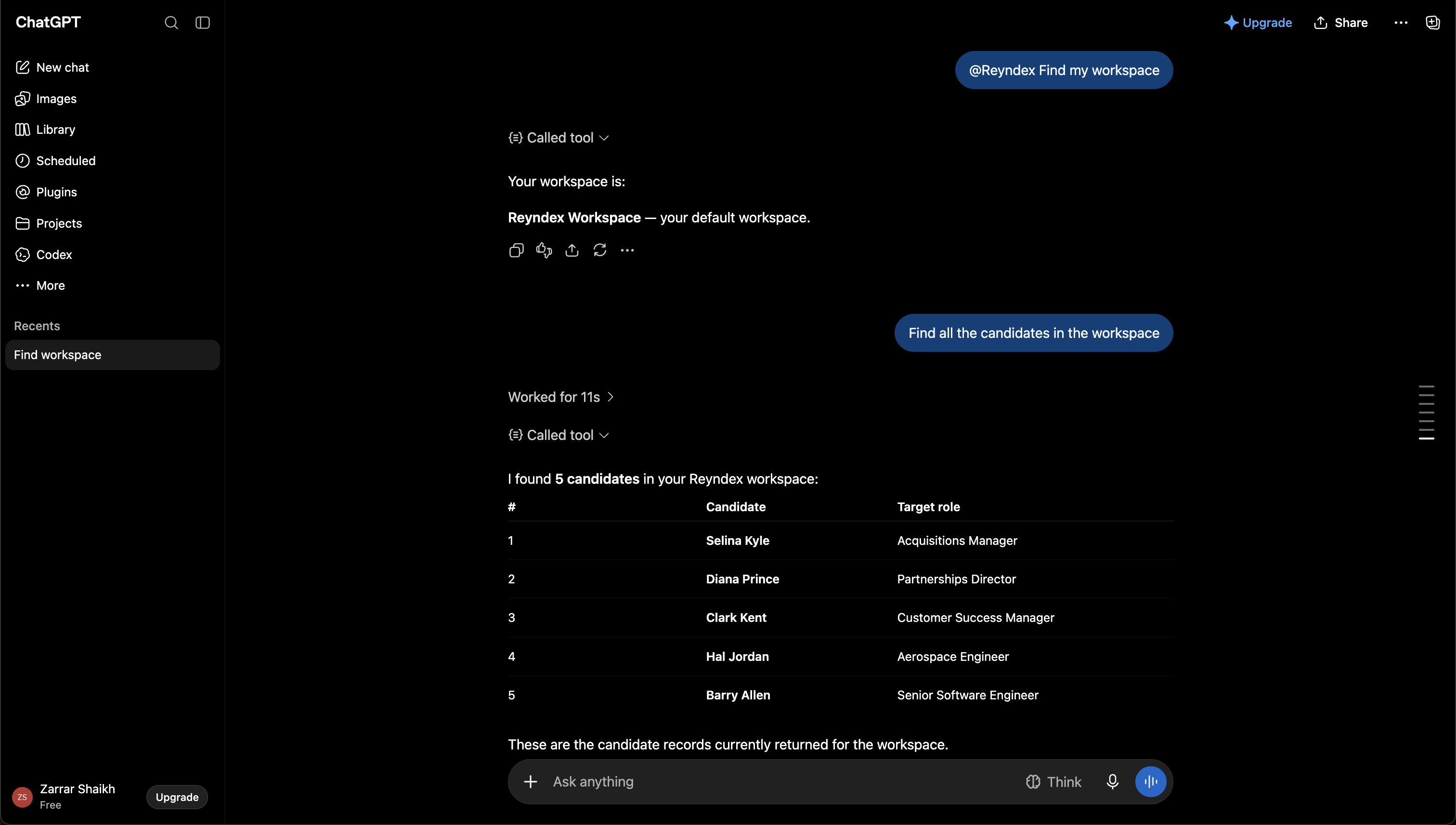ChatGPT conversation showing Reyndex finding a workspace and returning five candidate records