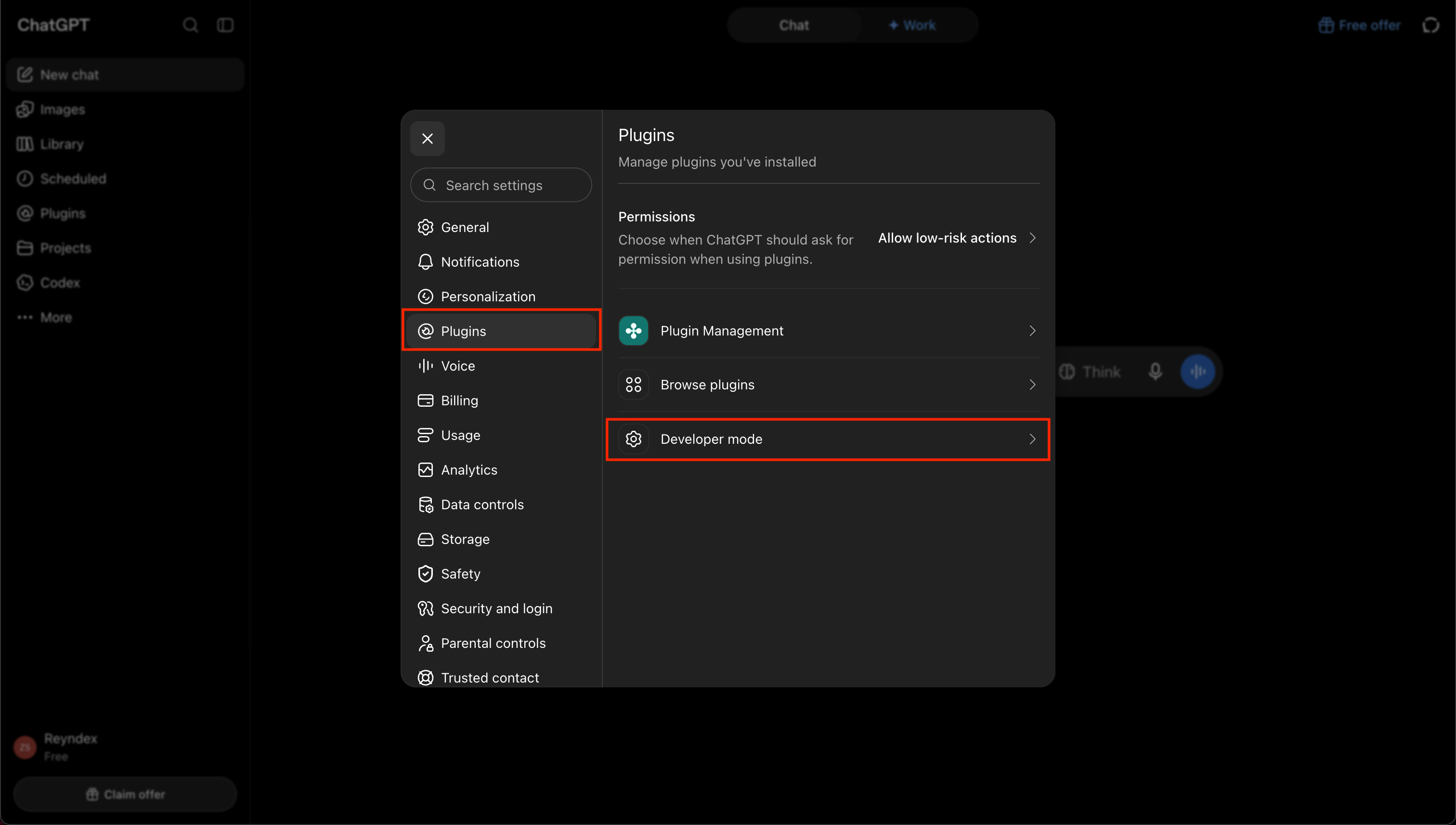 ChatGPT Settings with Plugins selected and the Developer mode option highlighted