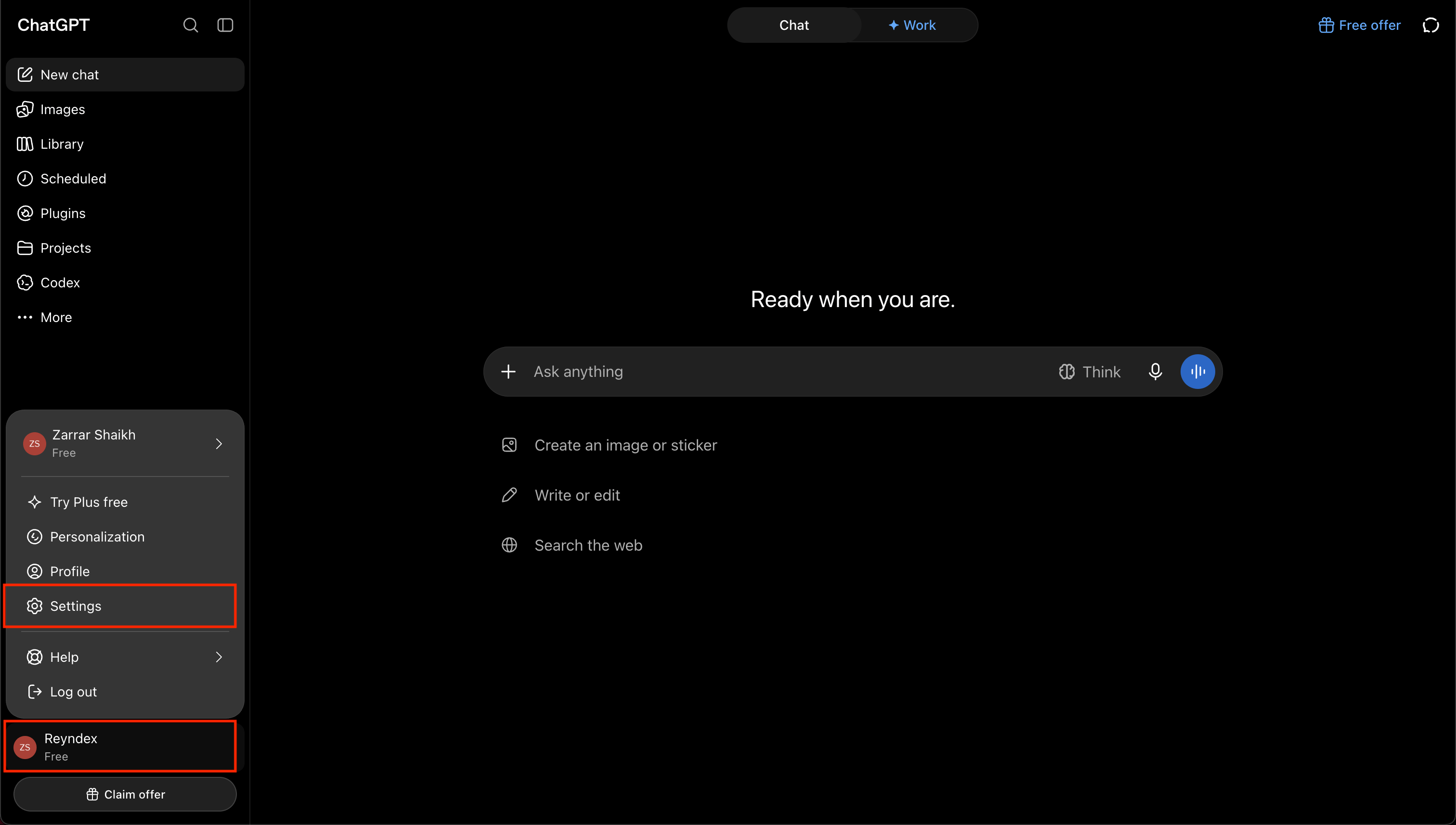 ChatGPT account menu open with Settings highlighted