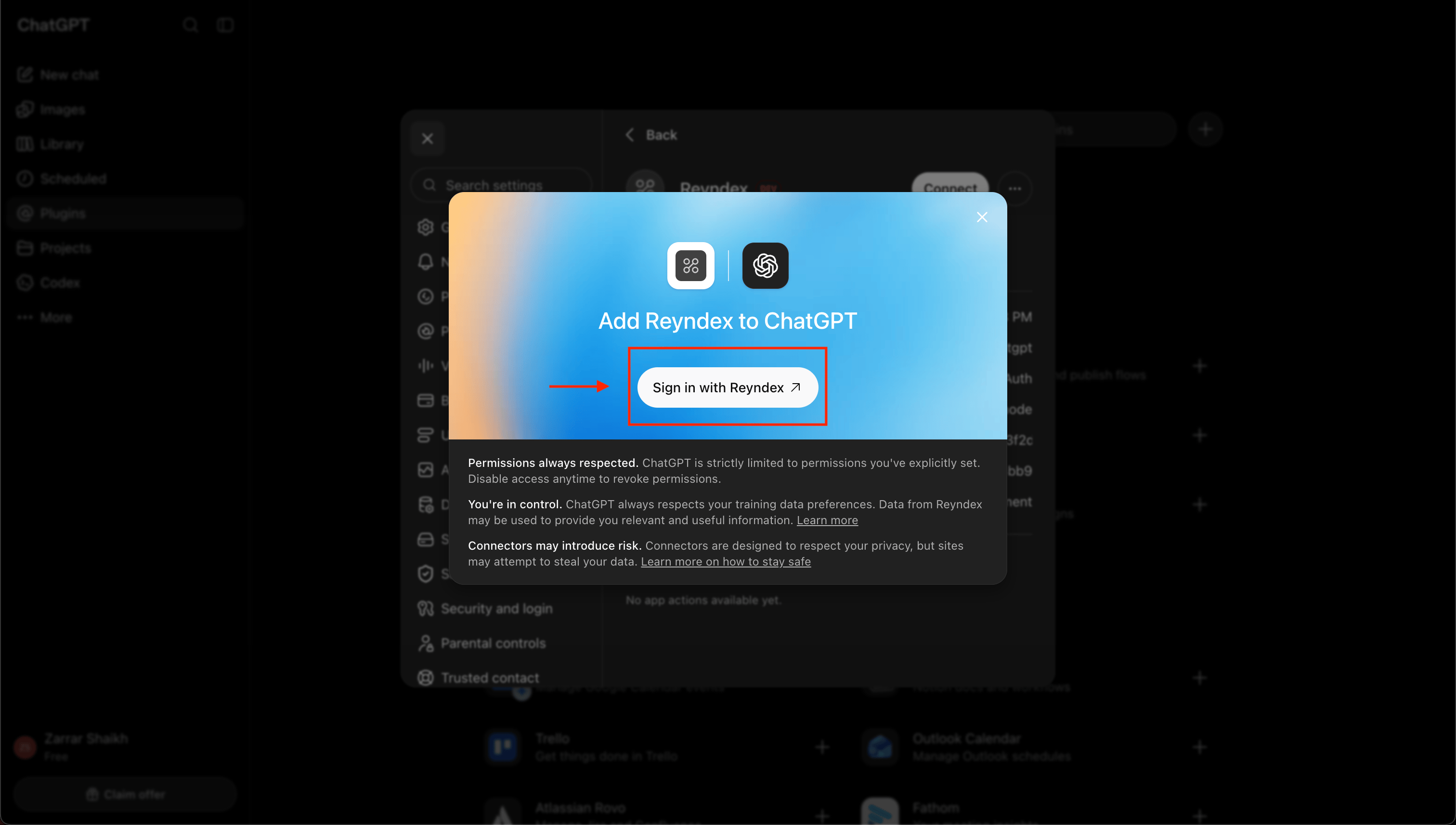 ChatGPT authorization dialog with Sign in with Reyndex highlighted